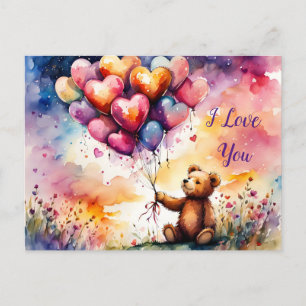 Ich liebe dich Teddybär mit herzförmigen Ballons Postkarte