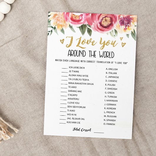 Ich Liebe dich um die Welt mit Answers Game Card Einladung