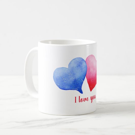Ich Liebe dir Aquarell-Rot-Blau-Herz Kaffeetasse (Vorderseite Links)