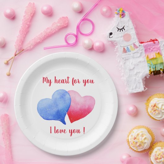 Ich Liebe dir Aquarell-Rot-Blau-Herz Pappteller (Party)