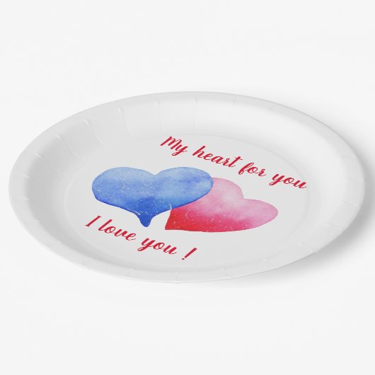 Ich Liebe dir Aquarell-Rot-Blau-Herz Pappteller (Schrägansicht)