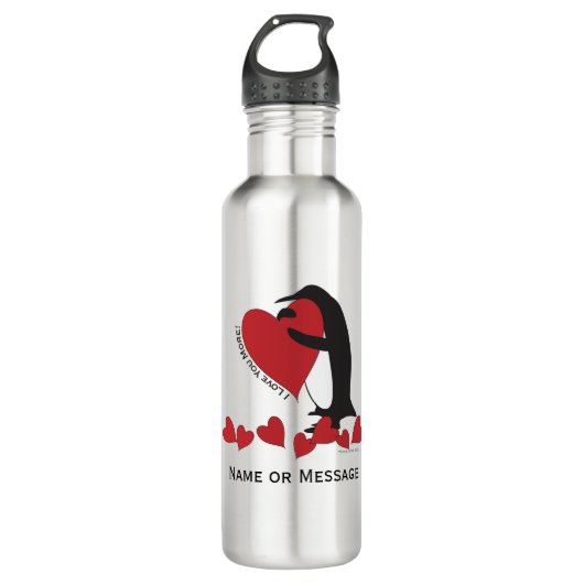 Ich Liebe dir mehr! Pinguin und Rotes Herz Edelstahlflasche (Vorderseite)