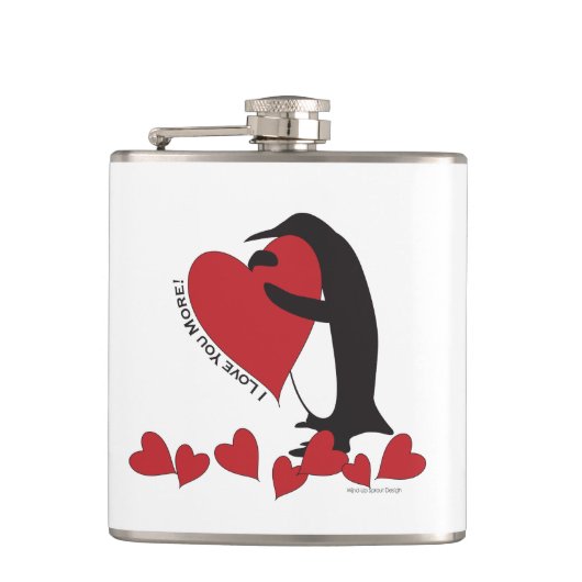Ich Liebe dir mehr! Pinguin und Rotes Herz Flachmann (Vorderseite)