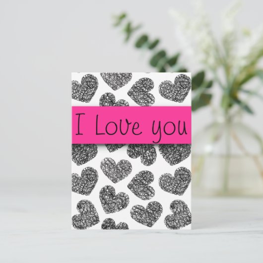 Ich Liebe dir moderne Schwarz-Weiß-Doodle-Herzen Postkarte (Stehend Vorderseite)