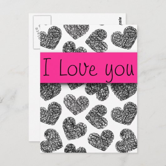 Ich Liebe dir moderne Schwarz-Weiß-Doodle-Herzen Postkarte (Vorne/Hinten)