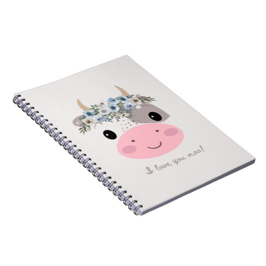 Ich Liebe dir Mond! Niedliche Kuh mit Blumenkranz Notizblock (Rechte Seite)