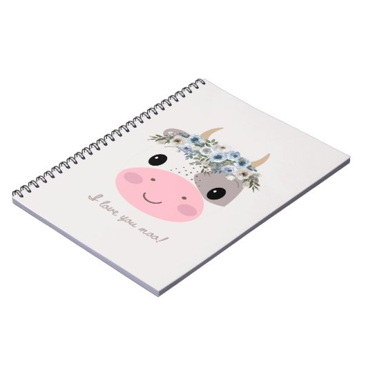 Ich Liebe dir Mond! Niedliche Kuh mit Blumenkranz Notizblock (Linke Seite)