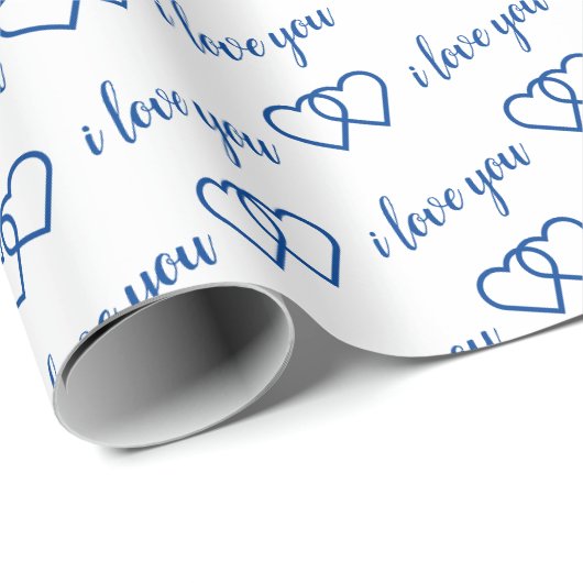 Ich Liebe dir White Blue Heart Pattern Typografie Geschenkpapier (Rolleneckpunkt)