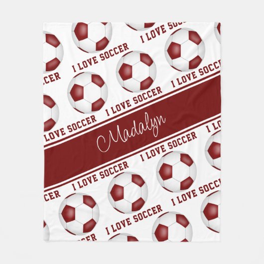 Ich Liebe Fußball-Muster Mädchen Maroon weiß Fleecedecke (Vorderseite)