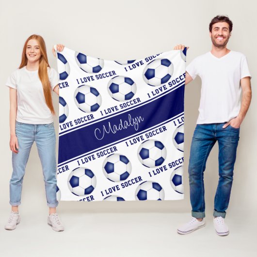 Ich Liebe Fußball-Textmuster Mädchen blau weiß Fleecedecke (Beispiel)
