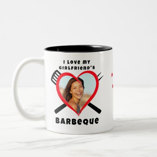 Ich Liebe GRILLEN meiner Freundin Herz Foto Name Zweifarbige Tasse (Links)