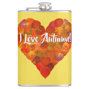 Ich Liebe Herbst!—Red Aspen Leaf Herz 1 Flachmann
