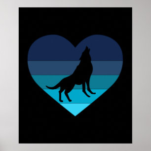 Ich liebe heulende Wölfe Retro Herz Poster