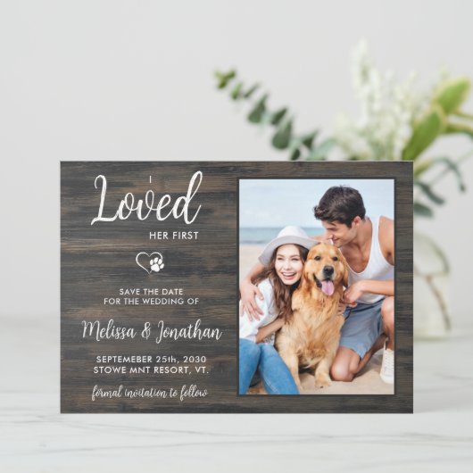Ich liebe ihren ersten Rustikalen Foto Hund Save The Date (Stehend Vorderseite)