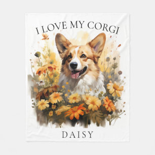 Ich Liebe mein Corgi Floral Dog Portrait Fleecedecke