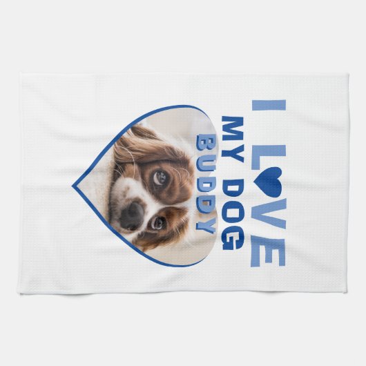 Ich Liebe mein Hund Blue Heart Foto Pet Name Geschirrtuch (Horizontal)