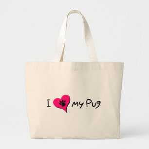 Ich Liebe mein Mops-Zitat mit Paw Print auf rosa H Jumbo Stoffbeutel