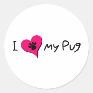 Ich Liebe mein Mops-Zitat mit Paw Print auf rosa H Runder Aufkleber