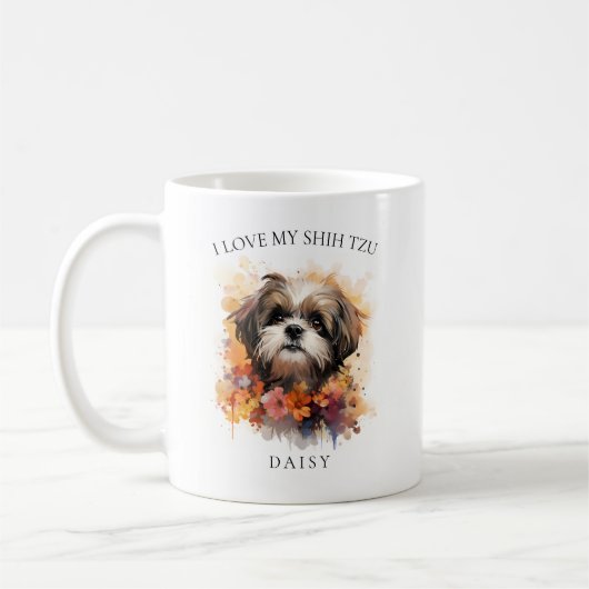 Ich Liebe mein Shih Tzu Floral Dog Portrait Kaffeetasse (Links)