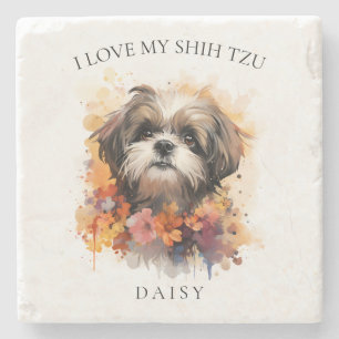 Ich Liebe mein Shih Tzu Floral Dog Portrait Steinuntersetzer