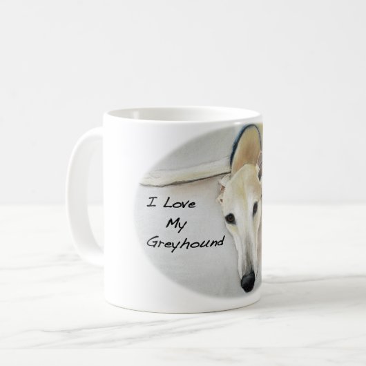 "Ich Liebe mein Windhund-" Hundekunst-Pastell Kaffeetasse (Vorderseite Links)