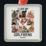 Ich Liebe meine Freundin Custom 9 Foto Collage Ornament Aus Metall<br><div class="desc">Ich Liebe meine Freundin Custom Valentinstag 9 Foto Collage. Personalisieren Sie diese einzigartige Valentinstag-Designvorlage mit 9 Fotos und Namen. Ideal für Jubiläen,  Geburtstage etc. Ich Liebe meine Freundin,  Ehepaar Valentine,  personalisiertes Geschenk für Freund,  individuelles Herz,  ich Herz meine Freundin,  Custom Foto Collage I Liebe meine Freundin</div>