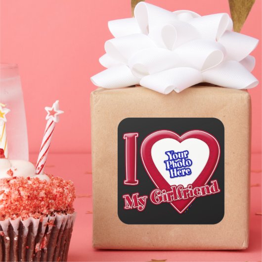 Ich Liebe meine Freundin Foto Red Heart Black Quadratischer Aufkleber (Party)