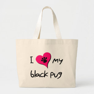 Ich Liebe meine schwarze Mops-Paw Druck auf rosa H Jumbo Stoffbeutel