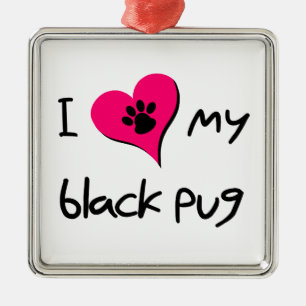Ich Liebe meine schwarze Mops-Paw Druck auf rosa H Silbernes Ornament