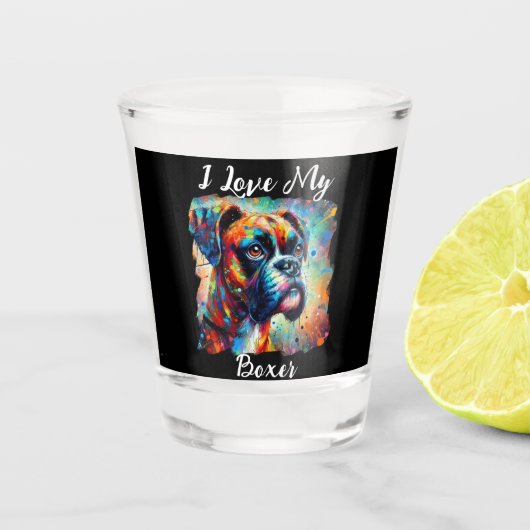 Ich Liebe meinen Boxer Pop Art Dog Malerei Schnapsglas (Vorderseite)