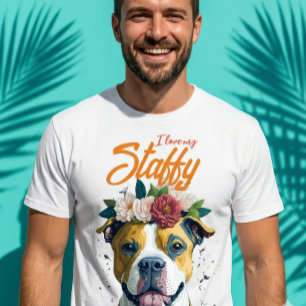 Ich liebe meinen Staffy Pitbull Blumenkrone Hunde T-Shirt
