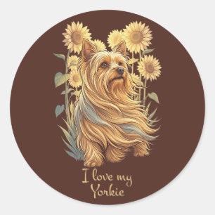 Ich liebe meinen Yorkie – Vintage Sonnenblume Hund Runder Aufkleber