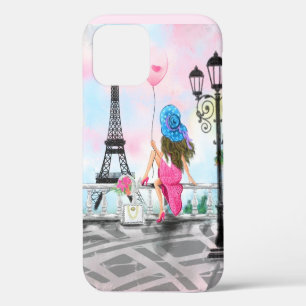 Ich liebe Paris - Hübsche Frau und rosa Herzballon iPhone 12 Hülle