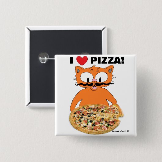 "Ich Liebe Pizza!" Mustache Cat Pizza Lovers Button (Vorne & Hinten)