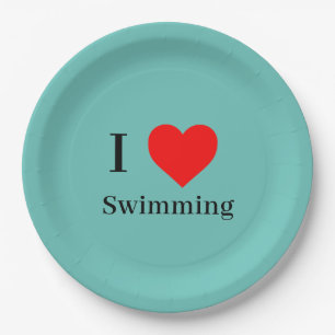 Ich liebe Schwimmen Typografie & Rotes Herz Mint G Pappteller