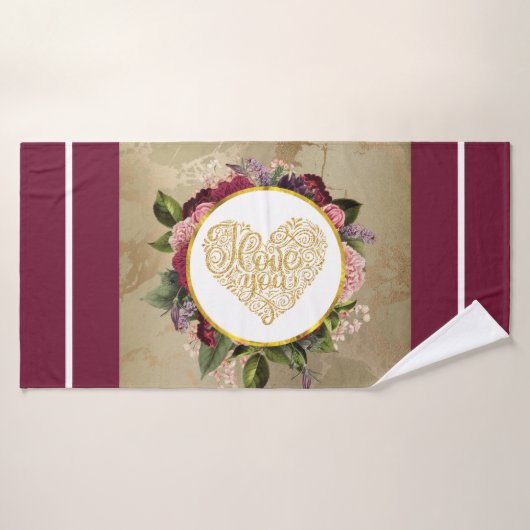 Ich Liebe Sie Extravagantes Goldenes Herz mit Blum Badhandtuch Set (Badehandtuch)