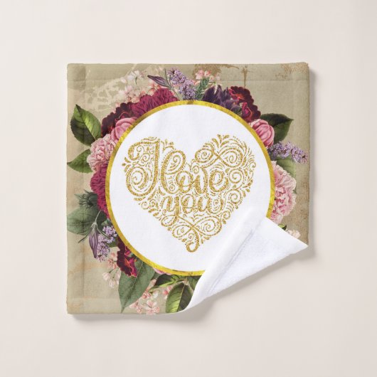 Ich Liebe Sie Extravagantes Goldenes Herz mit Blum Badhandtuch Set (Waschlappen)