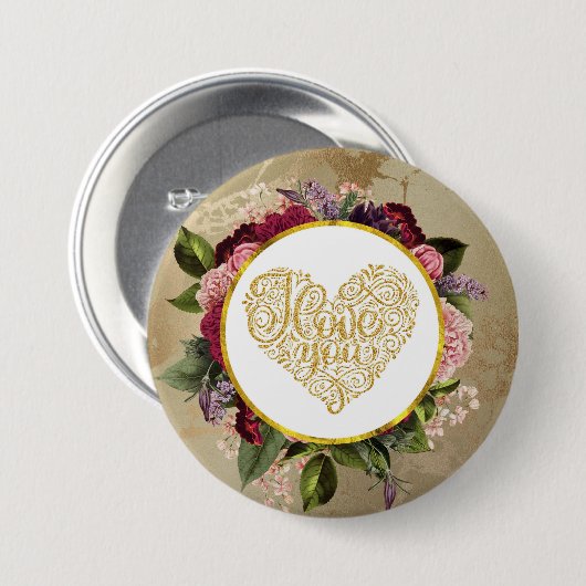 Ich Liebe Sie Extravagantes Goldenes Herz mit Blum Button (Vorne & Hinten)