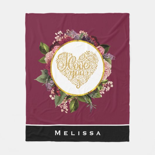 Ich Liebe Sie Extravagantes Goldenes Herz mit Blum Fleecedecke (Vorderseite)