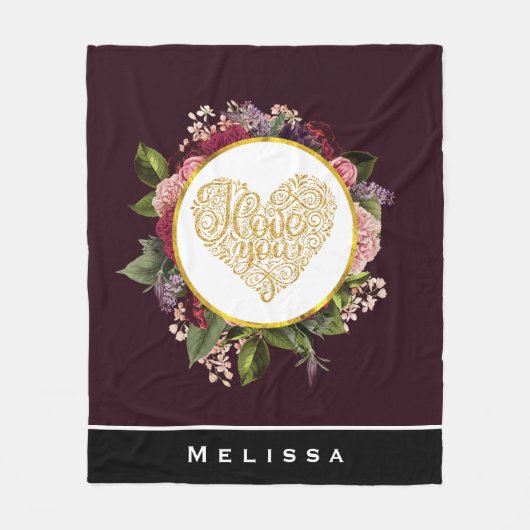 Ich Liebe Sie Extravagantes Goldenes Herz mit Blum Fleecedecke (Vorderseite)