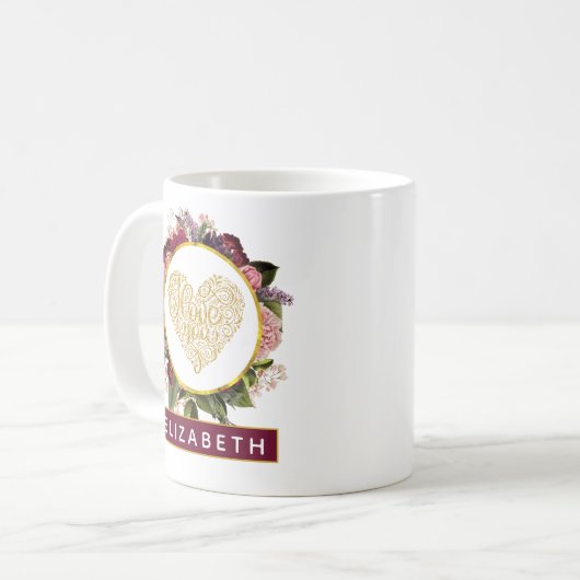 Ich Liebe Sie Extravagantes Goldenes Herz mit Blum Kaffeetasse (Vorderseite Links)