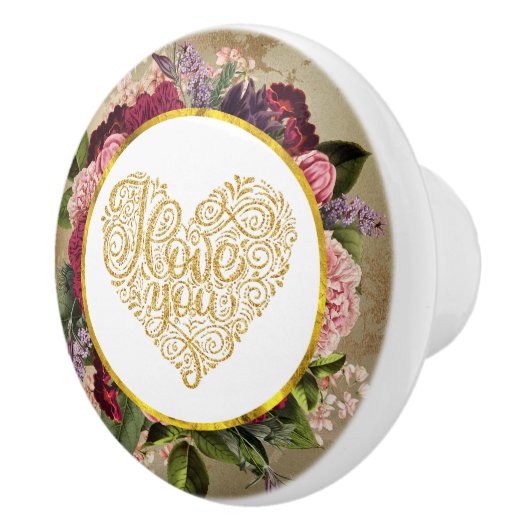 Ich Liebe Sie Extravagantes Goldenes Herz mit Blum Keramikknauf (Rechts)