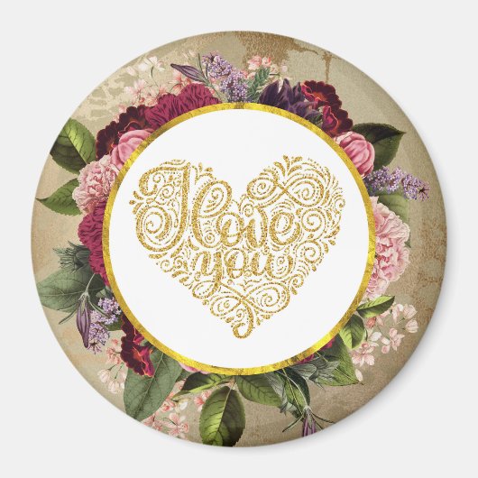 Ich Liebe Sie Extravagantes Goldenes Herz mit Blum Magnet (Vorne)