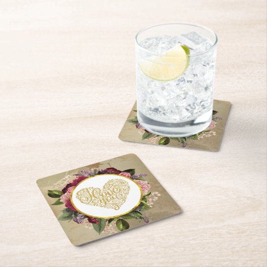 Ich Liebe Sie Extravagantes Goldenes Herz mit Blum Rechteckiger Pappuntersetzer (Vor Ort)