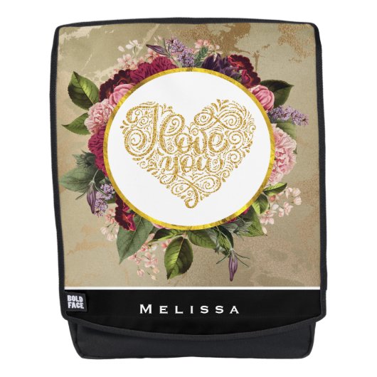 Ich Liebe Sie Extravagantes Goldenes Herz mit Blum Rucksack (Vorderseite)