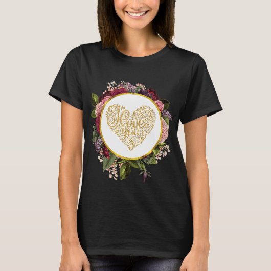Ich Liebe Sie Extravagantes Goldenes Herz mit Blum T-Shirt (Vorderseite)