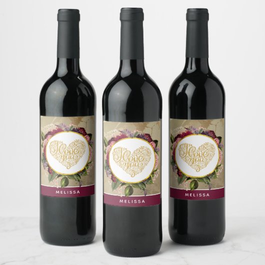 Ich Liebe Sie Extravagantes Goldenes Herz mit Blum Weinetikett (Flaschen)