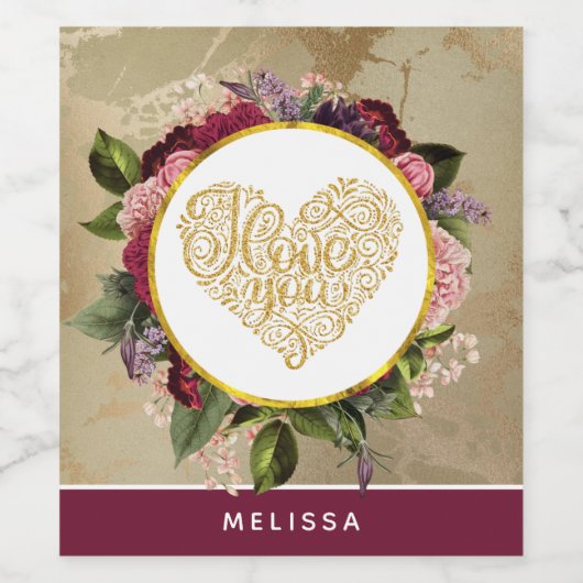 Ich Liebe Sie Extravagantes Goldenes Herz mit Blum Weinetikett (Einzelnes Label)