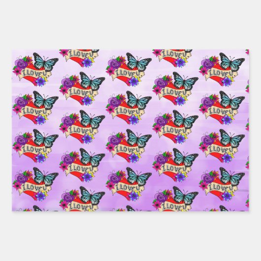 Ich Liebe Sie | Herz, Rose und Schmetterlinge Geschenkpapier Set (Vorderseite 3)