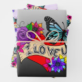 Ich Liebe Sie | Herz, Rose und Schmetterlinge Geschenkpapier Set (Beispiel)